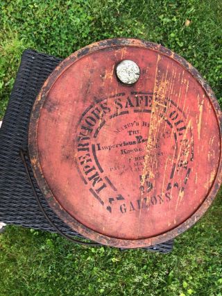 Antique Primitive KEROSENE OIL Painted Bucket Firkin IMPERVIOUS Oil Can KEENE,  NH 7
