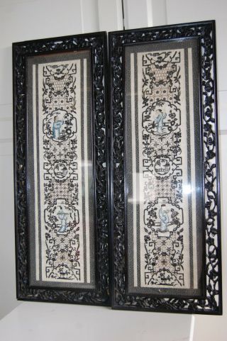 Framed Chinese/japanese Ornate Silk Embroidery Pictures X 2