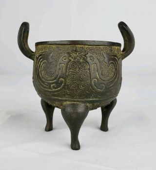 UNUSUAL ANTIQUE CHINESE OR JAPANESE ARCHAISTIC BRONZE CENSER DING MINIATURE 5