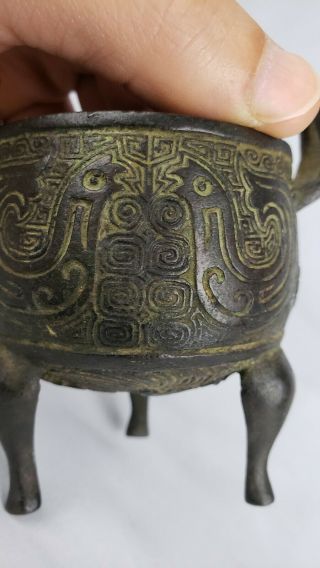 UNUSUAL ANTIQUE CHINESE OR JAPANESE ARCHAISTIC BRONZE CENSER DING MINIATURE 6