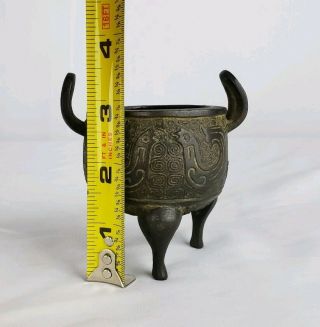 UNUSUAL ANTIQUE CHINESE OR JAPANESE ARCHAISTIC BRONZE CENSER DING MINIATURE 8