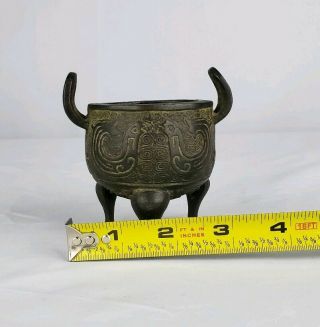 UNUSUAL ANTIQUE CHINESE OR JAPANESE ARCHAISTIC BRONZE CENSER DING MINIATURE 9