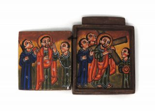 Ethiopian Coptic Icon Two Panels Painted Wood African Art Was $65.  00