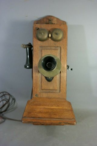 Antique COUNTRY STORE Wood DEAN ELECTRIC CO Old OAK Case CRANK & BELL Wall PHONE 2
