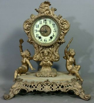 Antique Art Nouveau Era Lady Bust Old Winged Putti Statue Figural Mantel Clock
