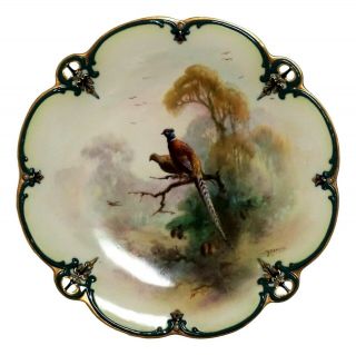 Rare Royal Worcester Hadley Ware Jeweled Gilded Pheasants Plate Artist Signed