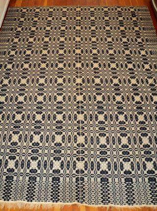 Antique Jacquard Loom Woven Bedspread Coverlet Indigo & Cream 70 " X94 " Intricate