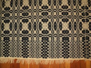 Antique Jacquard Loom Woven Bedspread Coverlet Indigo & Cream 70 