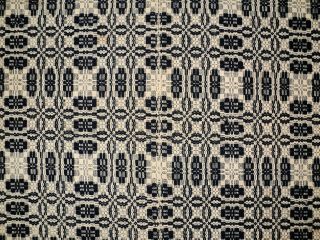 Antique Jacquard Loom Woven Bedspread Coverlet Indigo & Cream 70 