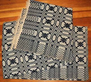 Antique Jacquard Loom Woven Bedspread Coverlet Indigo & Cream 70 