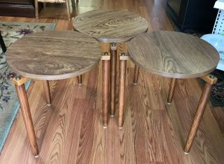 MID CENTURY MODERN ALVAR AALTO STYLE STACKING NESTING SIDE END TABLE SET ATOMIC 2