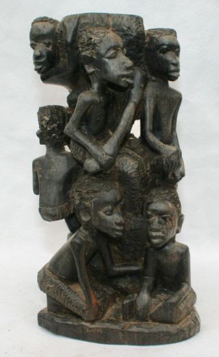 Vintage Ethnic African Wood Carving 9 Figures Around A Makonde Tree Of Life