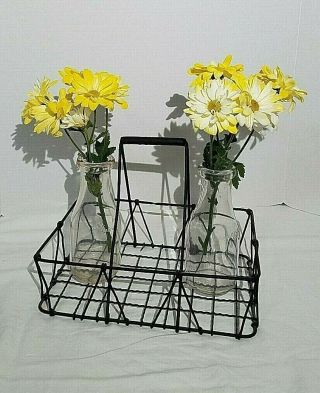 Wire Milk Bottle Carrier With Two One Pint Glass Milk Bottles Vintage