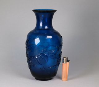 Late 19th Early 20th Century Antique Chinese Carved Blue Glass Vase