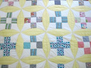 Vintage Feed Sack Hand Pieced & Quilted Curved Nine Patch Quilt; 77 " X 66 "