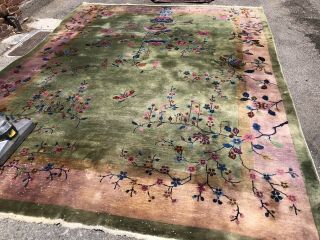 Auth: Antique Art Deco Chinese Rug 1930 ' s Green Wool Beauty 9x12 NR 4