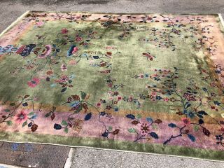 Auth: Antique Art Deco Chinese Rug 1930 ' s Green Wool Beauty 9x12 NR 6