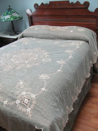 Edwardian - 1920s French Tambour Lace Bed Coverlet W/match Dresser Scarves Excnt