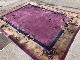 Auth: Antique Art Deco Chinese Rug 1930 ' s Purple & Green Wool Beauty 9x12 NR 2