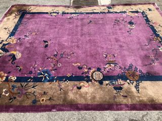 Auth: Antique Art Deco Chinese Rug 1930 ' s Purple & Green Wool Beauty 9x12 NR 3