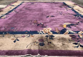 Auth: Antique Art Deco Chinese Rug 1930 ' s Purple & Green Wool Beauty 9x12 NR 5