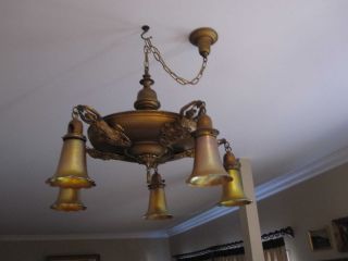 Antique Handel Maiden Figural Ceiling Light Fixture W 5 Signed Quezal Shades