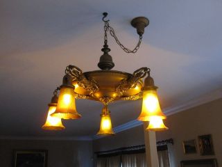 ANTIQUE HANDEL MAIDEN FIGURAL CEILING LIGHT FIXTURE w 5 SIGNED QUEZAL SHADES 2