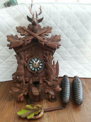 Vintage Black Forest Hunter Stag Deer Wood Carved Cuckoo Clock West Germany