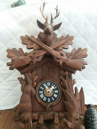 Vintage Black Forest Hunter Stag Deer Wood Carved Cuckoo Clock West Germany 2