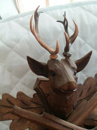 Vintage Black Forest Hunter Stag Deer Wood Carved Cuckoo Clock West Germany 8