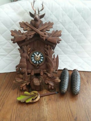 Vintage Black Forest Hunter Stag Deer Wood Carved Cuckoo Clock West Germany 9