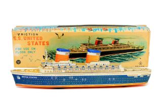Vintage Yonezawa S.  S.  United States Ocean Liner Friction Tin Toy W/ Box 14 " Long