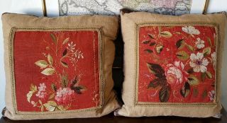 Pair Antique French Gobelins Floral Tapestry Pillows Aubusson Embroidery Velvet