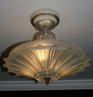 Antique Frosted Glass Sunflower Art Deco Light Fixture Ceiling Chandelier 1940s