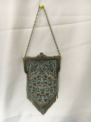 Antique Mandalian 1920s Art Deco Floral Enamel Metal Mesh Bag Purse