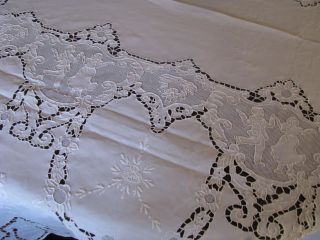 Antique Linen Tablecloth Dancing Couples 12 Napkins Cutwork Embroidery
