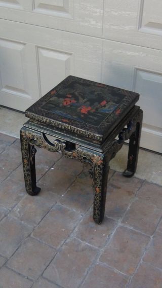 Antique 19c Chinese Square Gilt Black Lacquered Plant Stand,  Polichrome Painted