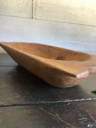 Large wooden dough bowl trencher primitive farmhouse decor handles vintage 19.  5 