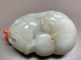 Unique Antique Chinese Carved White Jade Coral Stopper Snuff Bottle 18th Century