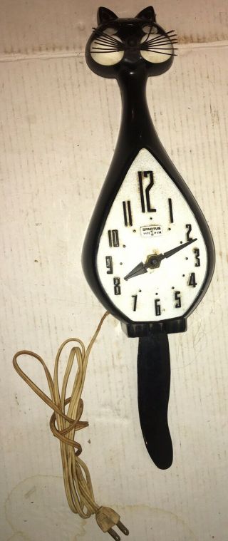 Vintage Spartus Cat Clock Black White