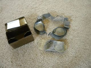 Wwii Motorcycle Goggles In Brass Case,  Spare Lenses,  Authenticized By Family