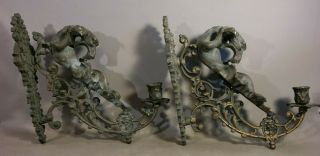 (2) Lg Vintage Medieval Old Bronzed Winged Dragon Gargoyle Statue Wall Sconce
