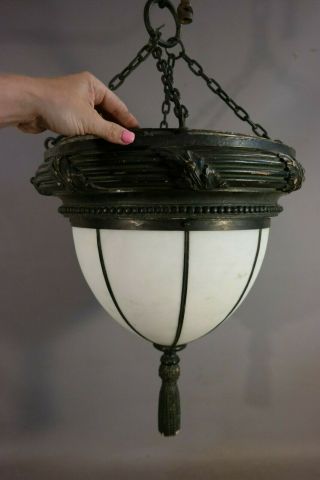 LG Antique ART DECO Era TRAIN STATION Style OPALESCENT GLASS Hanging CHANDELIER 3