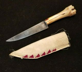 Awesome Antique Native American Bone Handle Fur Trade Knife / Beaded Sheath.