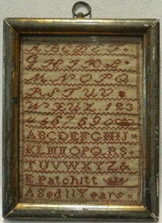 Miniature Mid 19th Century Red Stitch Work Sampler By E.  Patchitt Age 11 - C.  1840