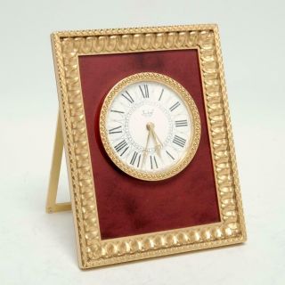 Vintage Imhof Swiss Red Enamel Desk Clock,  Gold Gilt Picture Frame Case