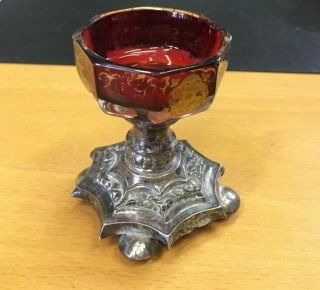 Antique Russian 84 Silver Faberge Design With Ruby Glass Salt Bowl 19th Century