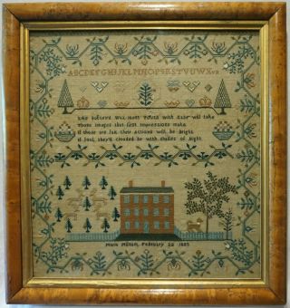 Early 19th Century House,  Motif & Verse Sampler By Maria Milsum - Feb 22nd 1823