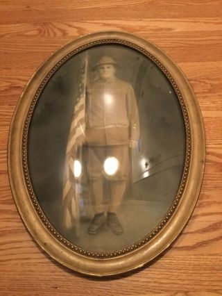 Antique Wwi Us Army Military Framed Oval Portrait Convex Bubble Glass