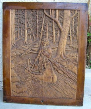 American Indian In Canoe Nature 3d Americana Hand Carved Wood Folk Art Plaque
